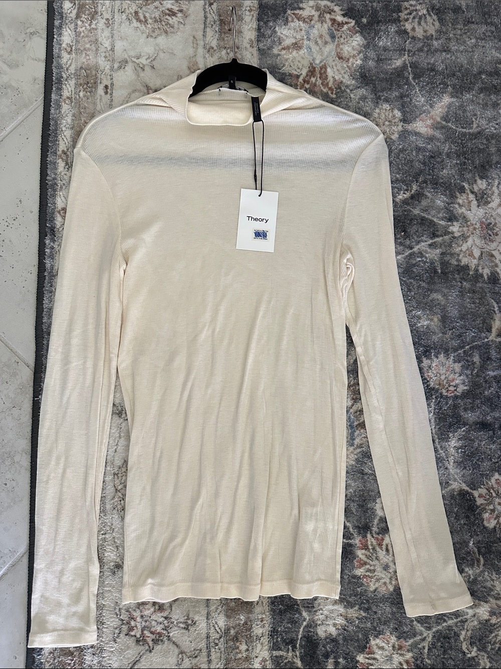 Theory Cream Ecru Luxe Rib Slim Long Sleeve Mock Neck Top